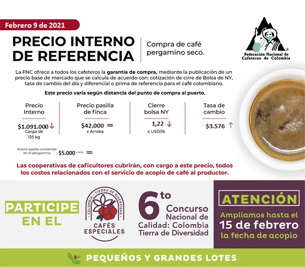 <p>Precio interno del café, martes 09 de febrero de 2021</p> - Clic para ampliar