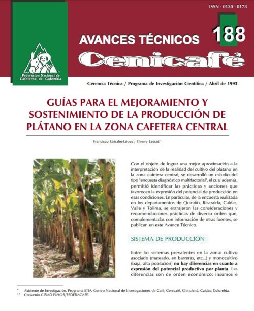 <p>(avt0188)Guías para el mejoramiento y sostenimiento de la producción de plátano en la zona cafetera central. (avt0188)</p> <p>(avt0188)Guías para el mejoramiento y sostenimiento de la producción de plátano en la zona cafetera central. (avt0188)</p>