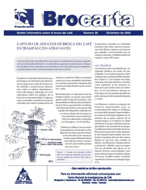 <p>Brocarta 036: Captura de adultos de broca del café en trampas con atrayentes.</p>